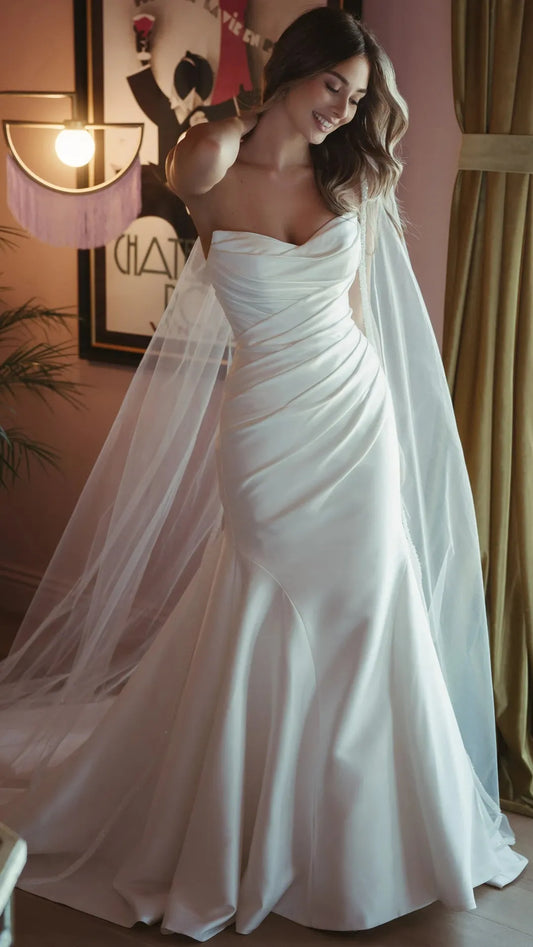 Strapless Mikado Fit-and-Flare Wedding Gown with Ruched Bodice SY8346