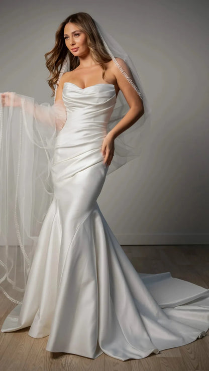 Strapless Mikado Fit-and-Flare Wedding Gown with Ruched Bodice Stella York SY8346