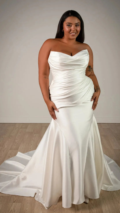 Strapless Mikado Fit-and-Flare Wedding Gown with Ruched Bodice Stella York SY8346
