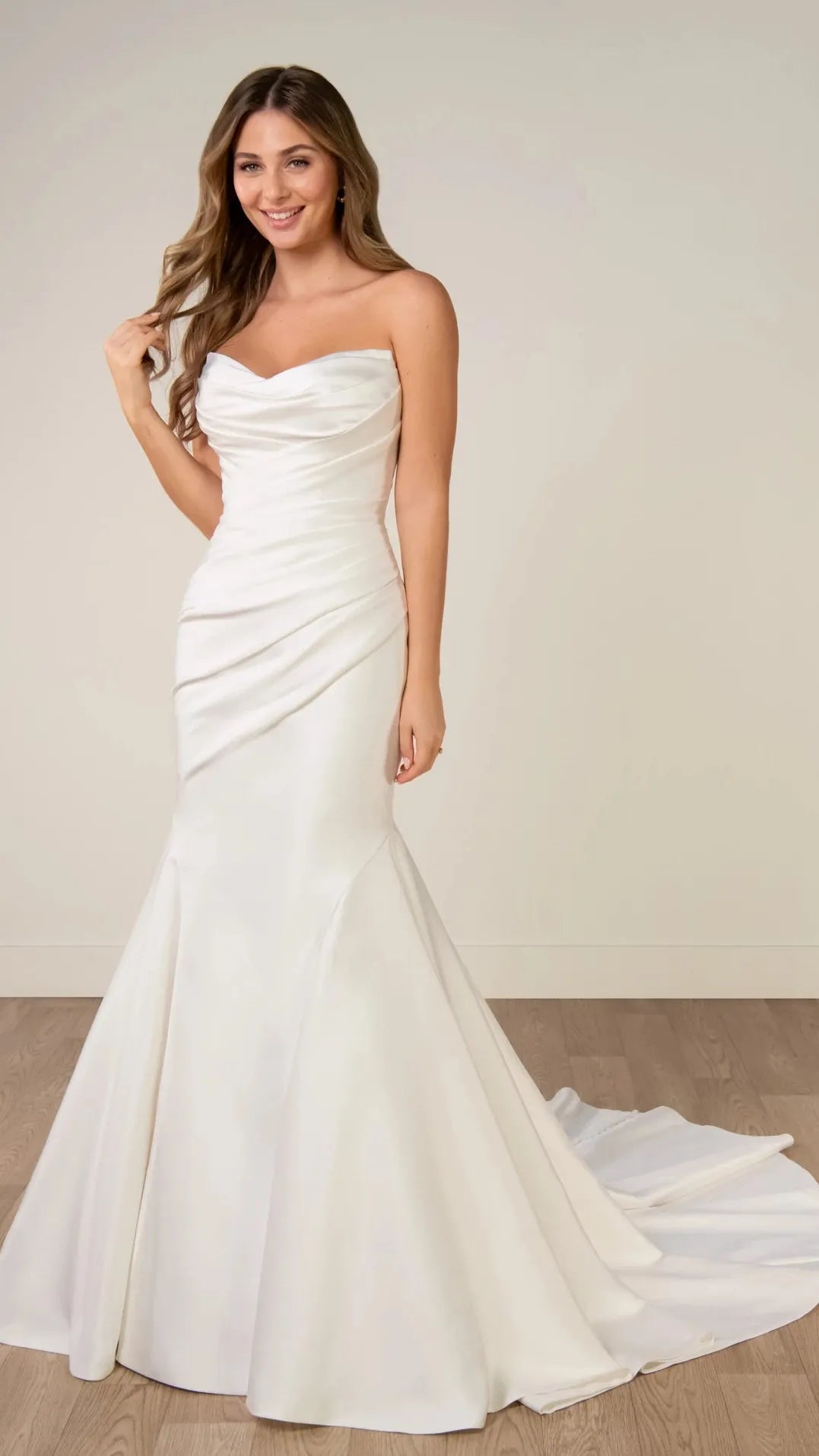 Strapless Mikado Fit-and-Flare Wedding Gown with Ruched Bodice Stella York SY8346