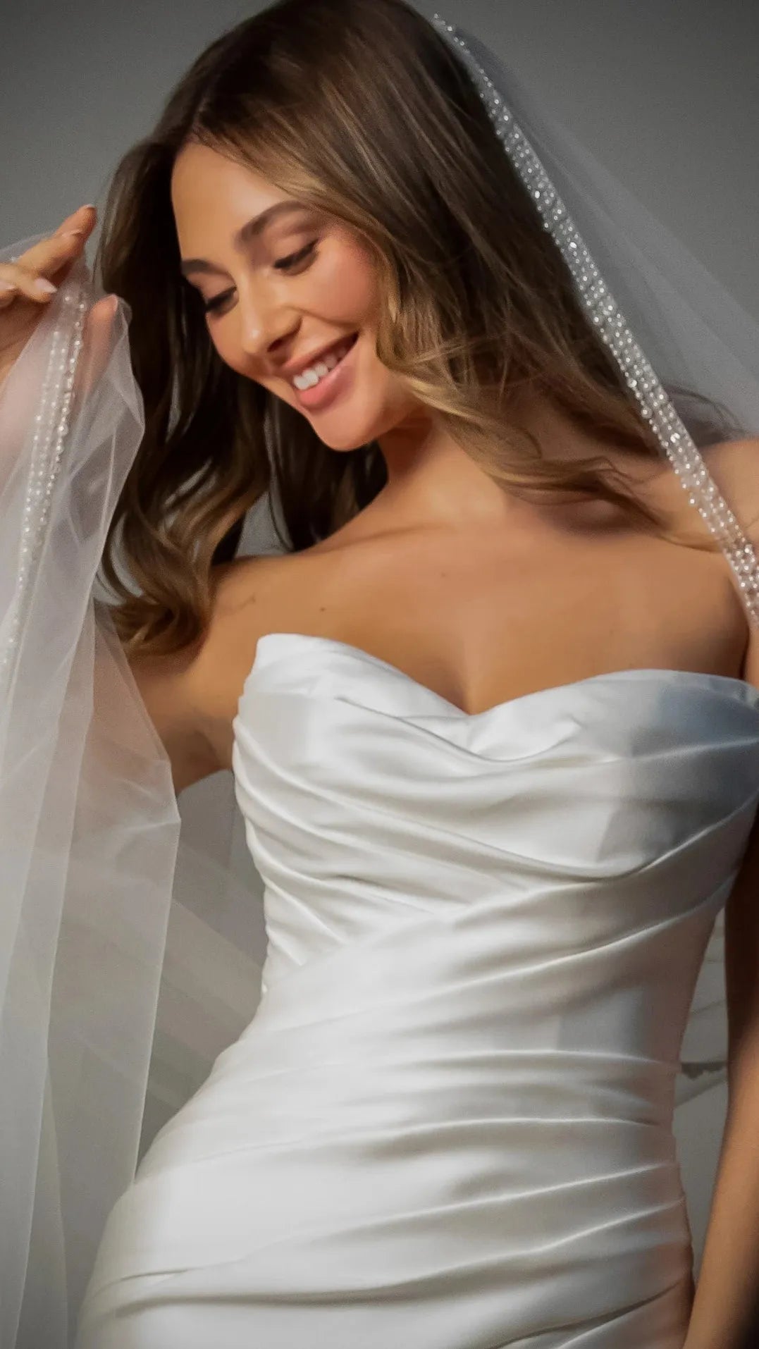 Strapless Mikado Fit-and-Flare Wedding Gown with Ruched Bodice Stella York SY8346