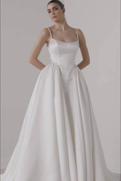 Justin Alexander Riviera Satin Ball Gown with Couture Seaming and Beaded Detailing 99374