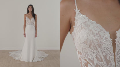 Romantic Lace and Crepe Sheath Wedding Gown with Illusion Side Cutouts Stella York SY8340