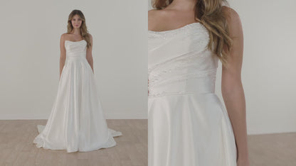 Strapless Satin A-Line Wedding Gown with Pearlescent Beading and Pockets SY8318
