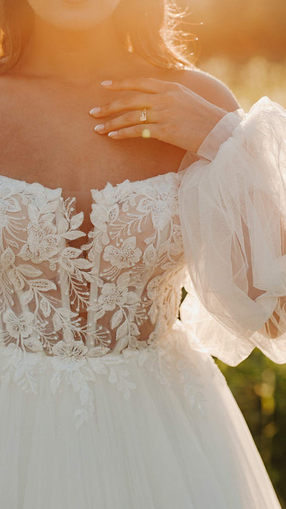 Stella York 7573 Boho A-Line Off the Shoulder Detachable Sleeves Wedding Dress