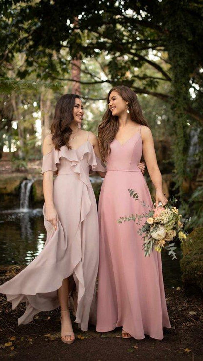 9400 Classic Bridesmaid Dress with V- Neck and Strappy Back