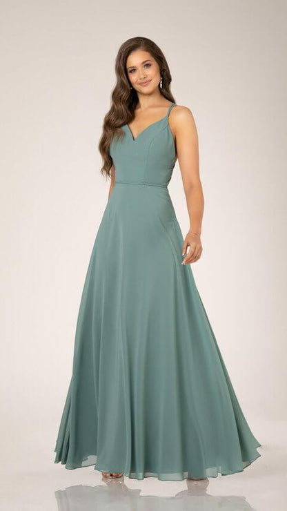 9400 Classic Bridesmaid Dress with V- Neck and Strappy Back
