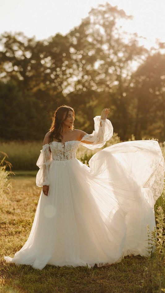 Stella York 7573 Boho A-Line Off the Shoulder Detachable Sleeves Wedding Dress