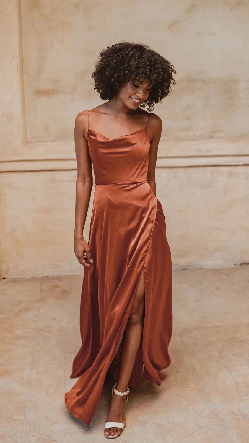 Rosabel Cowl Neck Satin Gown with Spaghetti Straps