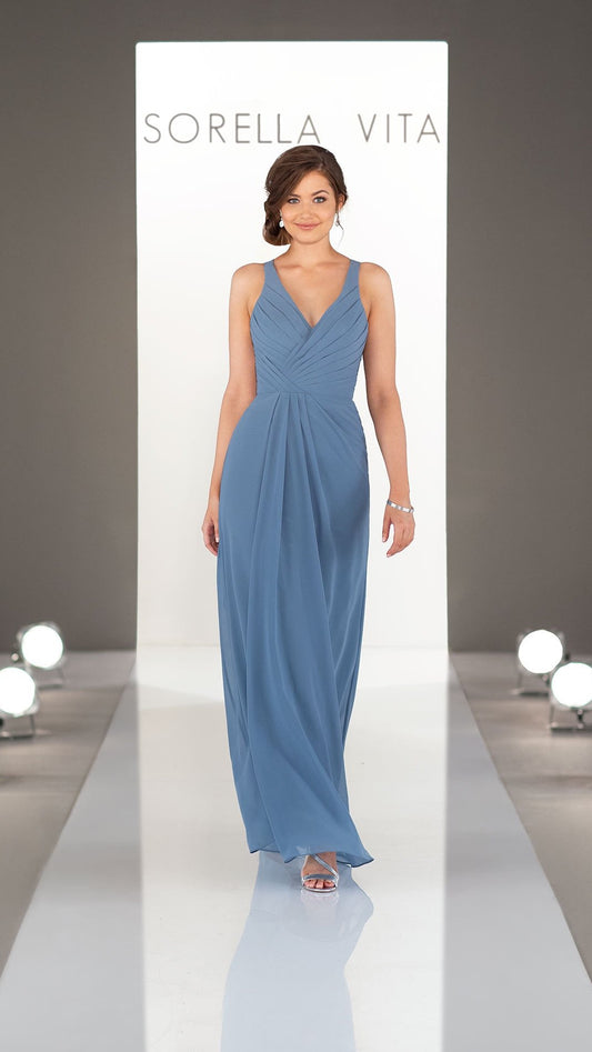 Feminine Bridesmaid Dress with Ruching and V-neckline 9214